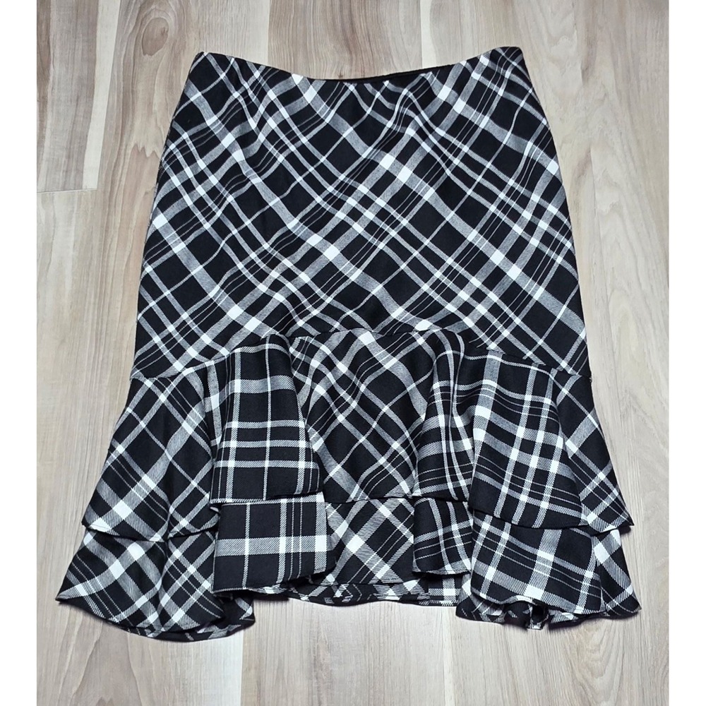 Lauren Ralph Lauren Black & White Plaid Ruffle Hem Midi Skirt Size S